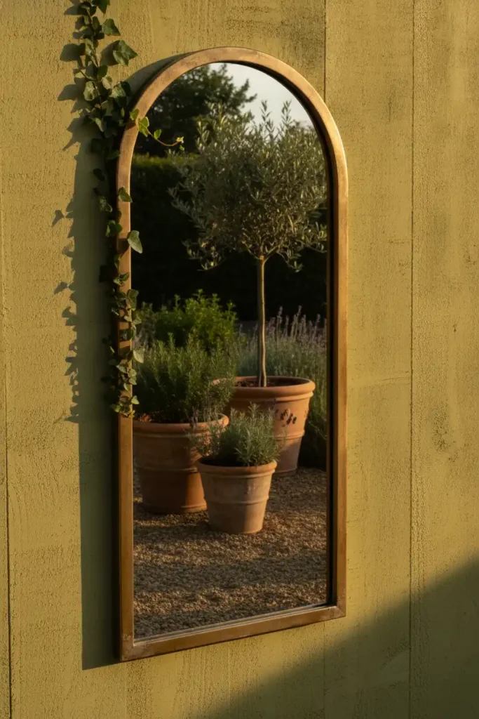 Mediterranean cozy backyard ideas: arched garden mirror on a lime washed fence reflecting pots
