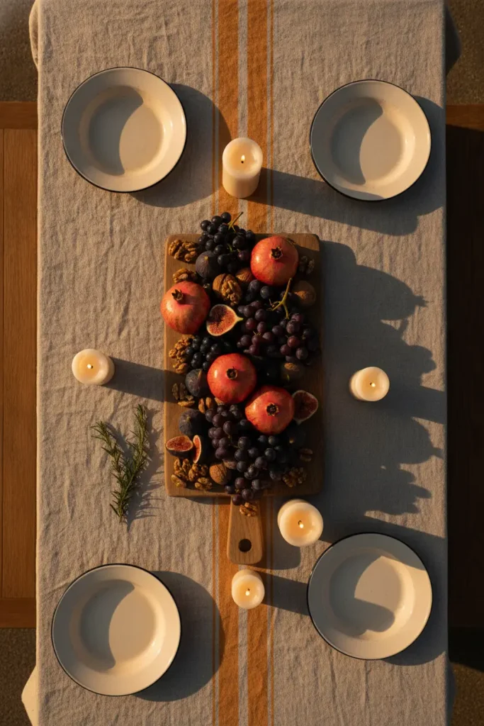 Mediterranean cozy backyard ideas: fall fruit centerpiece with figs and pomegranates on a linen table