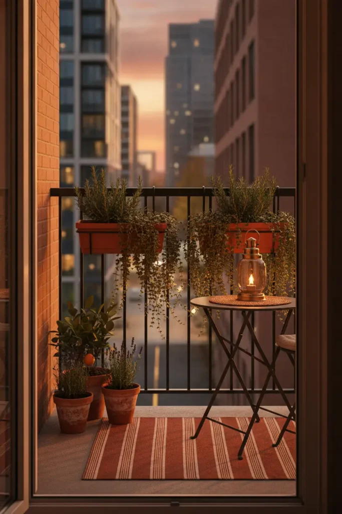 Mediterranean cozy backyard ideas on a small balcony with rail planters, bistro table and lantern