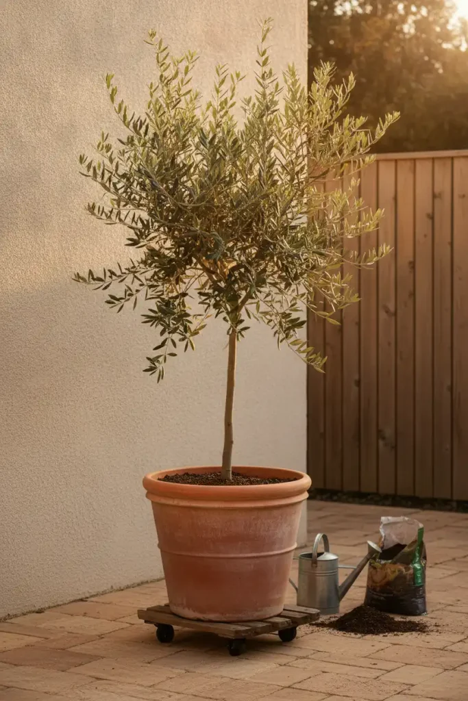 Mediterranean cozy backyard ideas: potted olive tree on a rolling caddy at the edge of a patio
