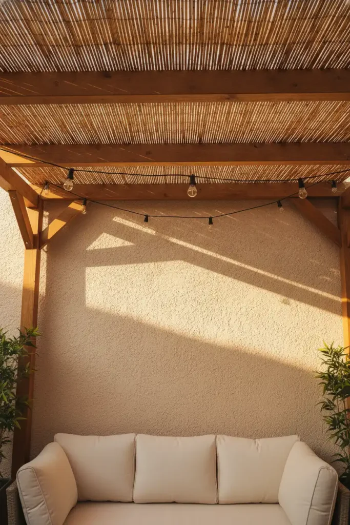 Mediterranean cozy backyard ideas: reed fencing over a pergola casting striped golden hour shadows