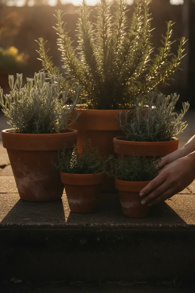 Mediterranean cozy backyard ideas: terracotta pot cluster with rosemary and lavender by a back door