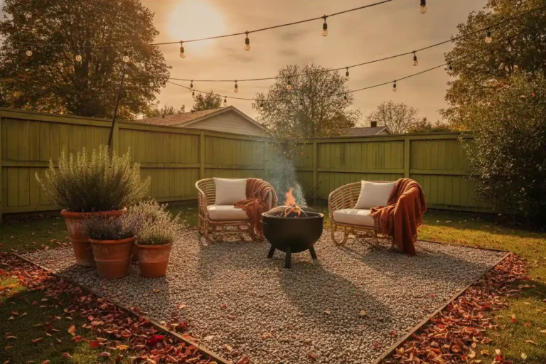 Mediterranean cozy backyard ideas: terracotta pots, gravel patio and cafe lights at golden hour