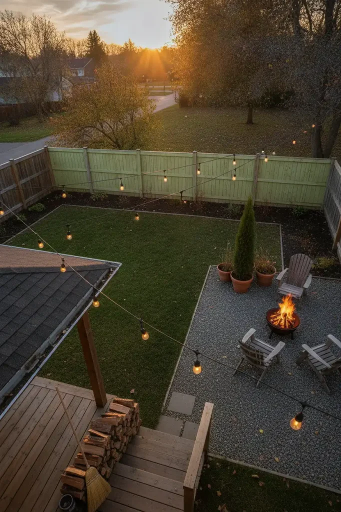 Mediterranean cozy backyard ideas: whole backyard at dusk with cafe lights, fire pit and gravel patio