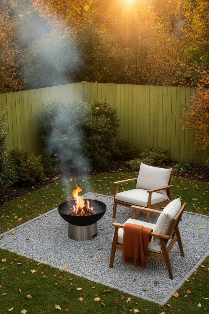 Mediterranean cozy backyard ideas with a smokeless fire pit and low chairs on a gravel patio in fall
