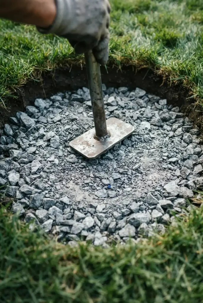 No dig fire pit base: tamping a compacted gravel pad in a small backyard