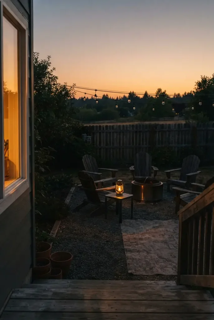 One lantern left glowing in a cozy backyard after everyone has gone inside
