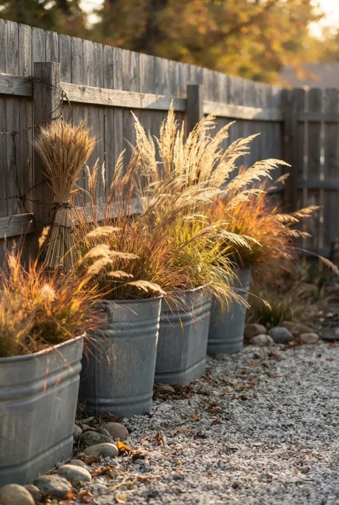 Ornamental grasses in galvanized tubs backlit at golden hour in a fall backyard