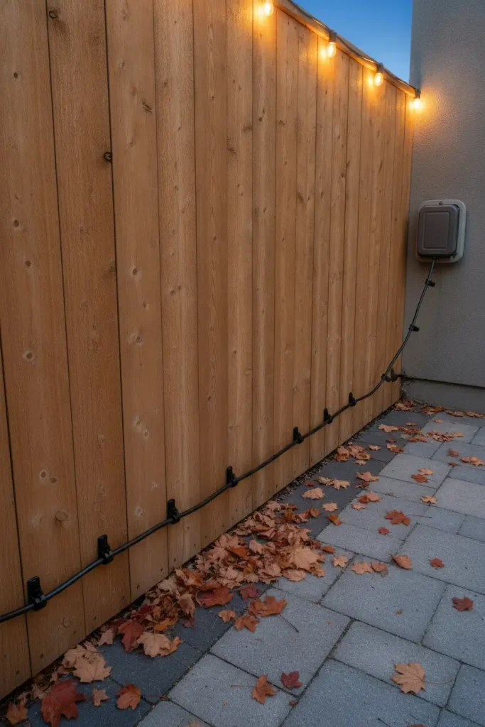 Outdoor cord clipped along a fence line to a weatherproof outlet for patio lights