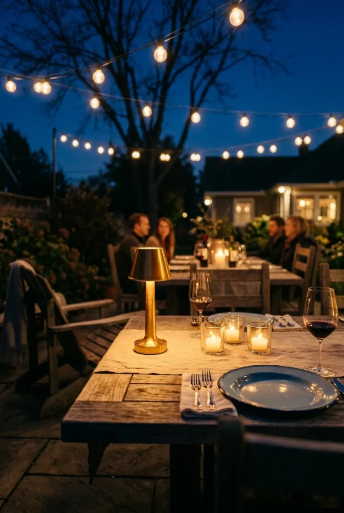 Outdoor dining lighting ideas at table height with a cordless lamp and votives