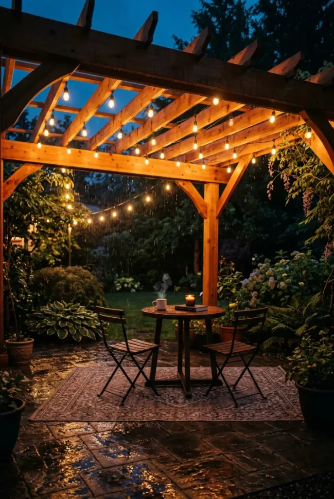 Outdoor dining lighting ideas under a pergola with warm bulbs during fall rain