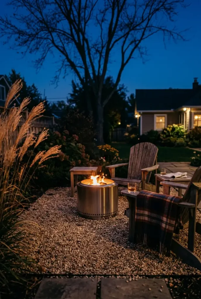 Outdoor dining lighting ideas using a smokeless fire pit for warm eye-level glow