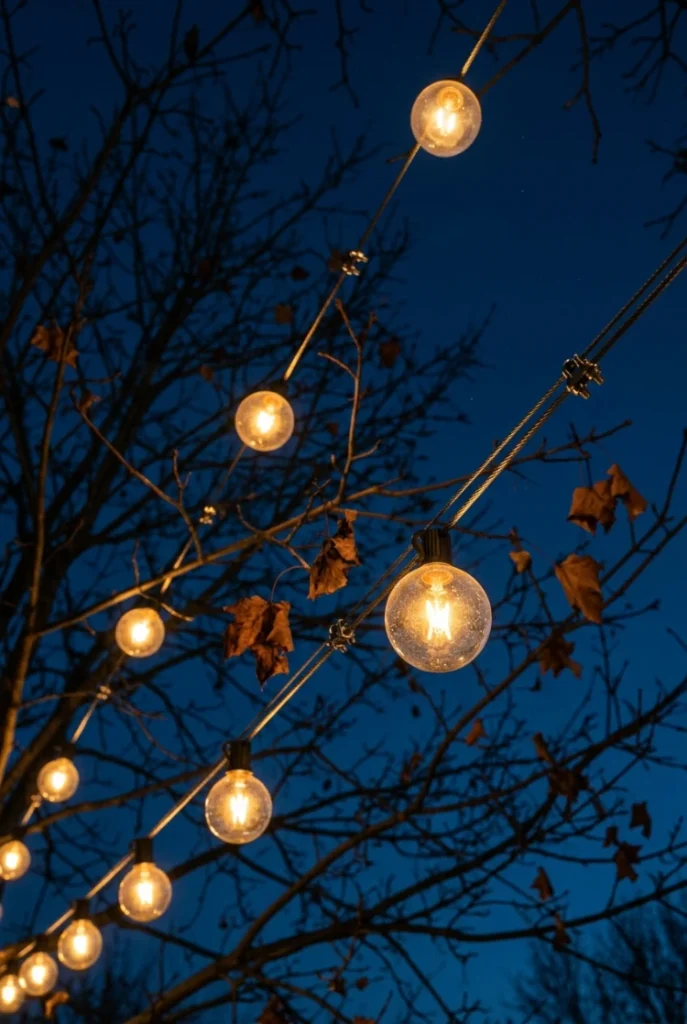 Outdoor dining lighting ideas: warm globe string lights on a guide wire above a fall patio