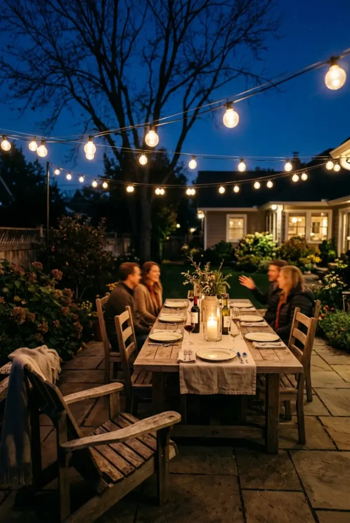 Outdoor dining lighting ideas with warm globe bulbs over a fall patio table at dusk