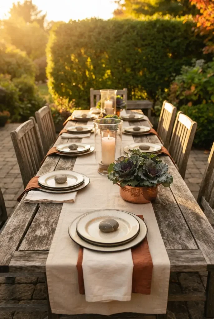 Outdoor fall dining table left set with enamel plates and a lit hurricane candle
