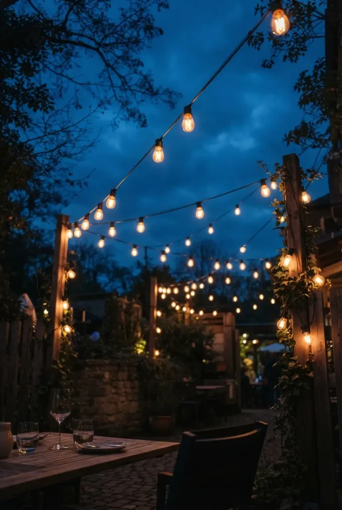Outdoor fall party ideas: café string lights zigzagging over a backyard patio at blue hour