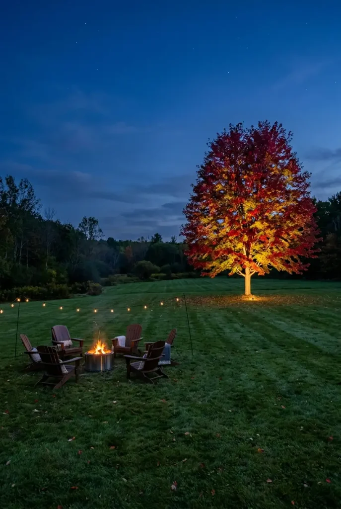 Outdoor fire pit area with lights: one red maple uplit at the edge of a small backyard