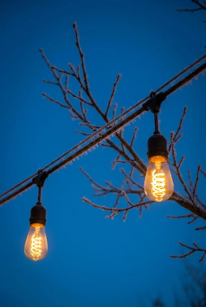 Outdoor lighting makeover bulbs glowing on a frosted guide wire on a cold winter evening