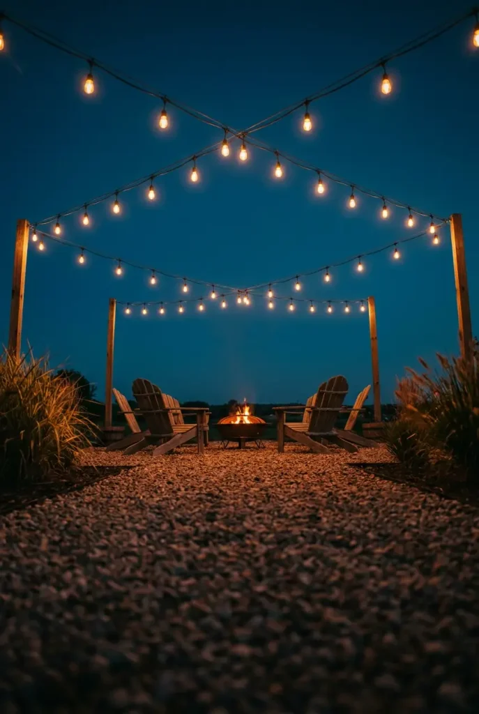 Outdoor lighting makeover ideas with crossing string light runs over a gravel seating area