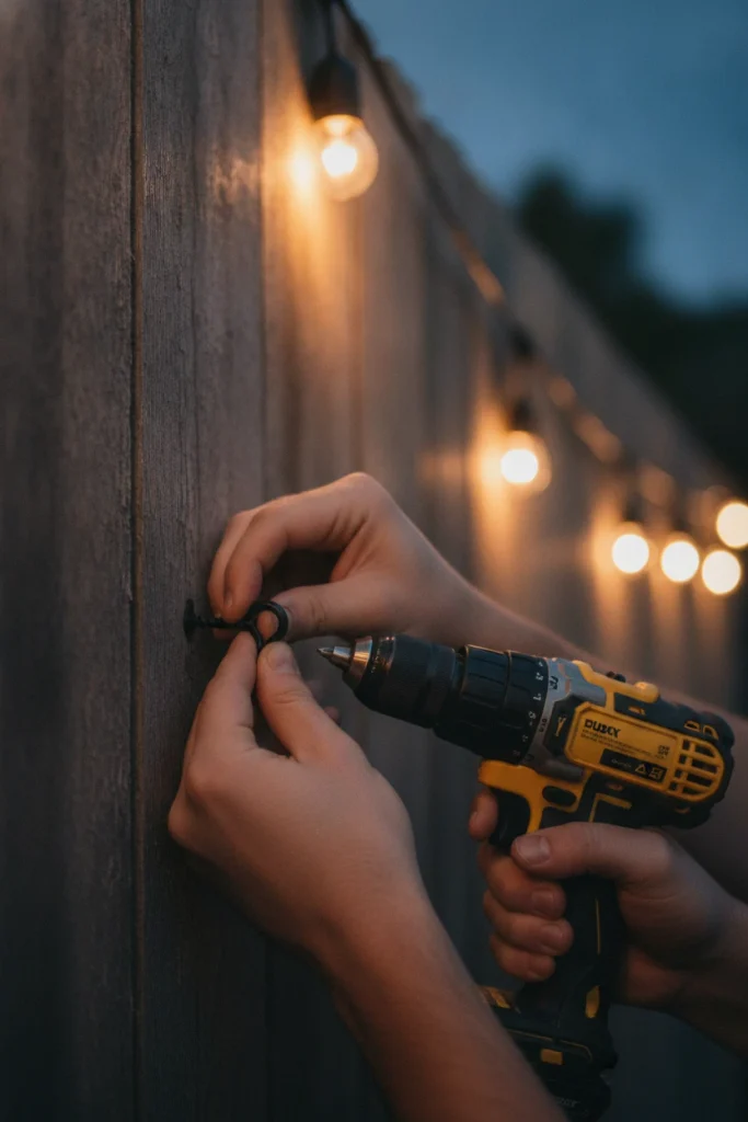 Outdoor lighting makeover step showing a screw eye set into a cedar fence post at dusk