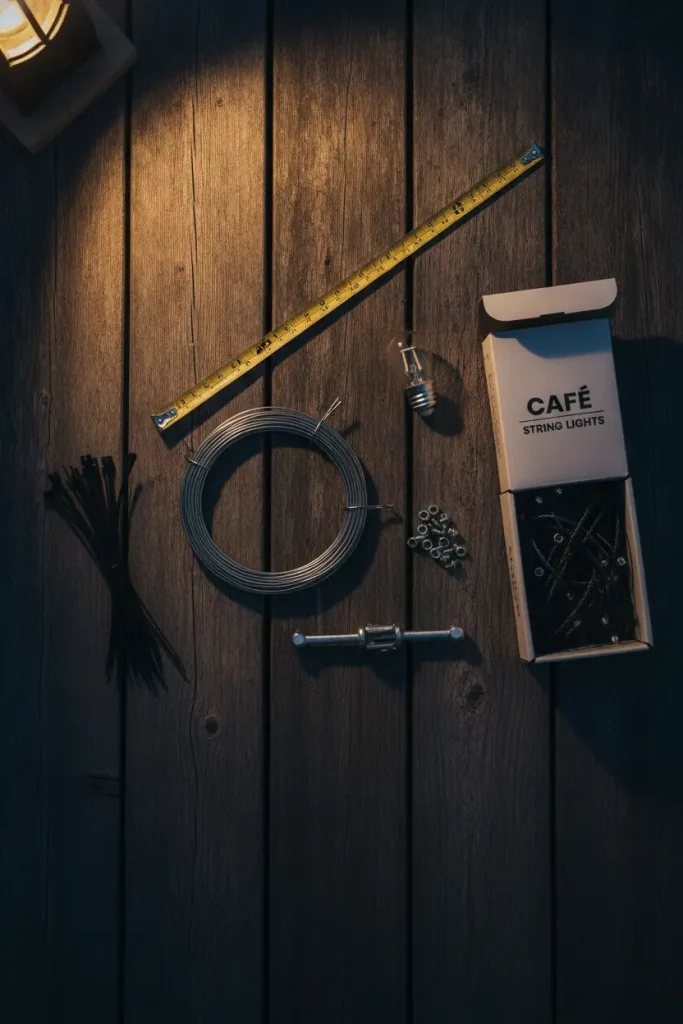 Outdoor lighting makeover supplies including guide wire, screw eyes, zip ties and an S14 bulb