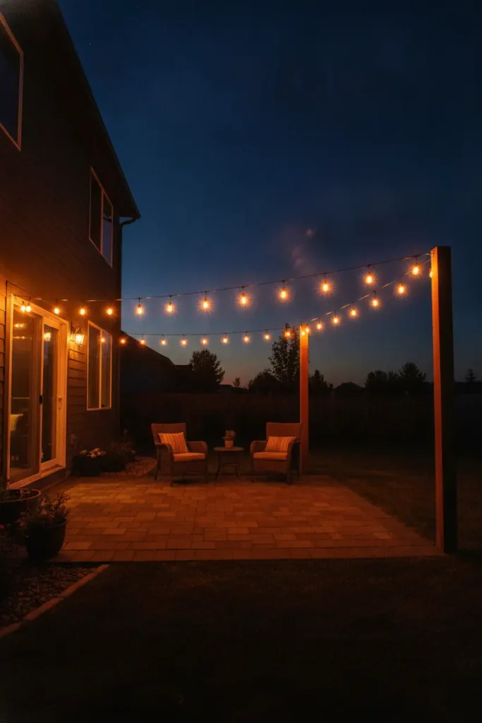 Outdoor lighting makeover with a single string light run from house eave to a cedar post