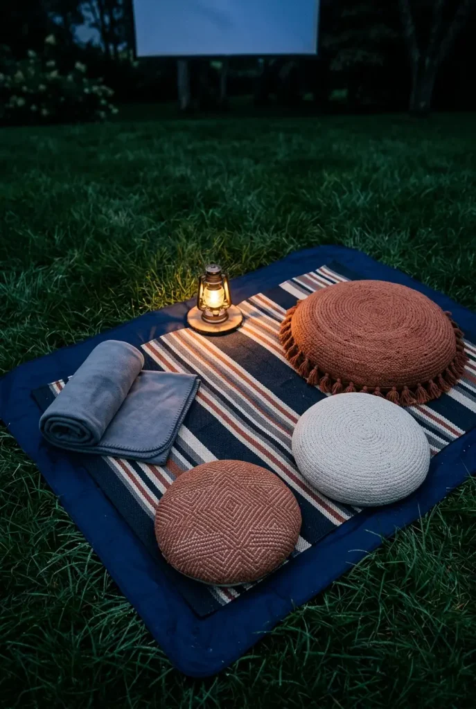 Outdoor movie night ground layers with a waterproof blanket, outdoor rug, and floor cushions on grass