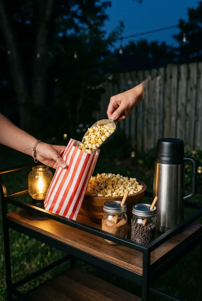 Outdoor movie night ideas popcorn bar cart with striped paper bags and topping jars