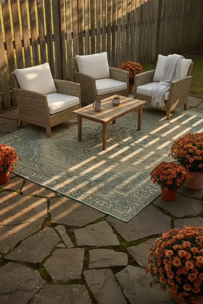 Outdoor rug over a flagstone patio with chairs and mums, a warm fall stone backyard setup