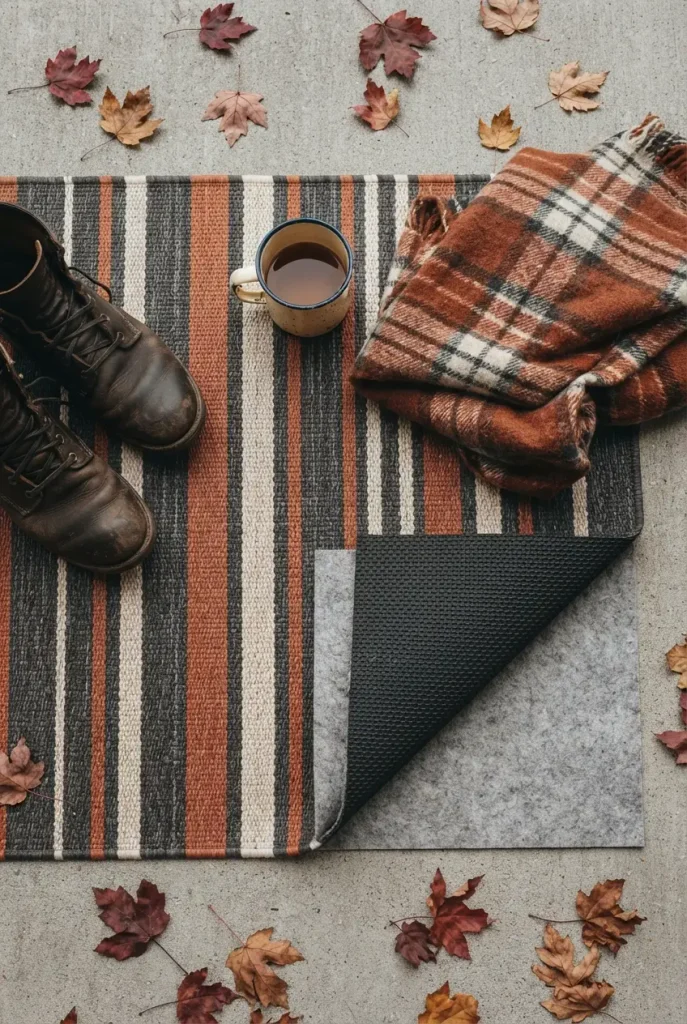 Outdoor rug over cold concrete patio with the rug pad visible underneath