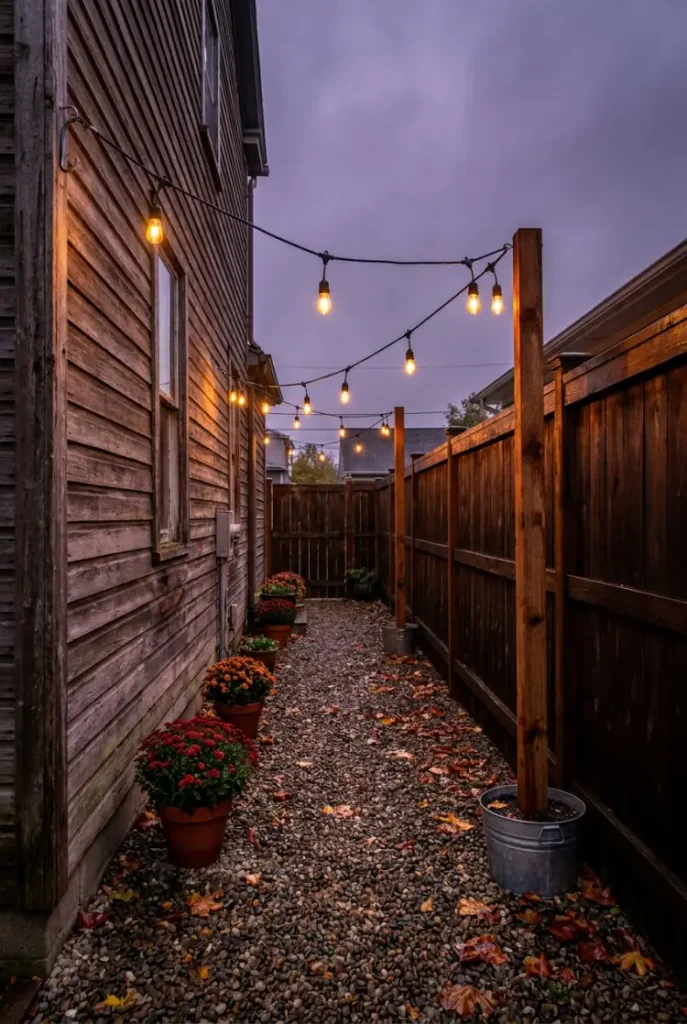 Outdoor string light ideas for a narrow side yard with a diagonal cafe bulb run