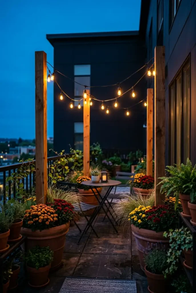 Outdoor string lights on renter-friendly planter poles over a small fall patio table
