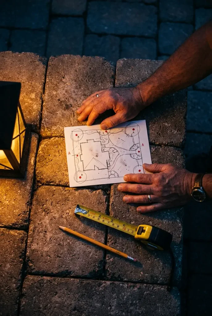 Overhead shot of hands planning rustic outdoor lighting anchor points on a paver patio