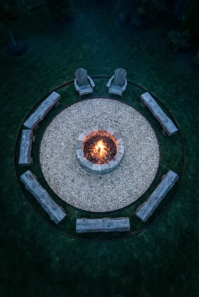 Overhead view of a rustic fire pit layout with a stone fire ring, gravel buffer and log benches around the edge
