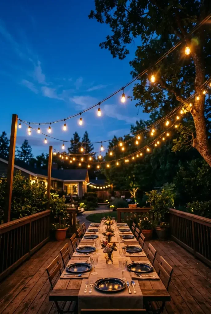 Overhead view of crossed rustic outdoor string lights lighting the center of a small backyard