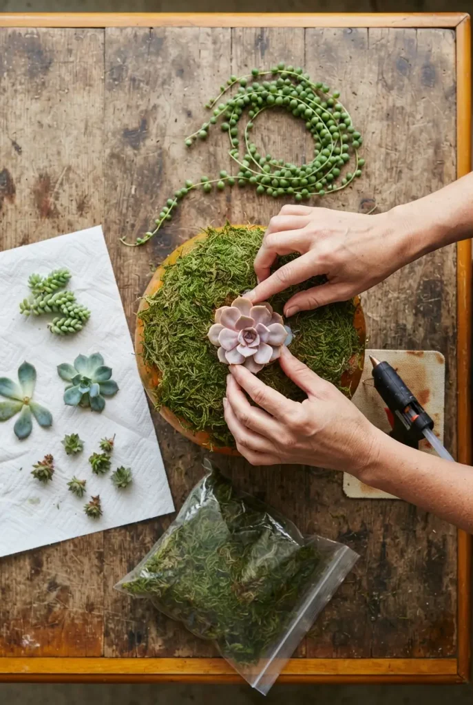 Overhead view of hands building a succulent pumpkin centerpiece with moss and rosettes