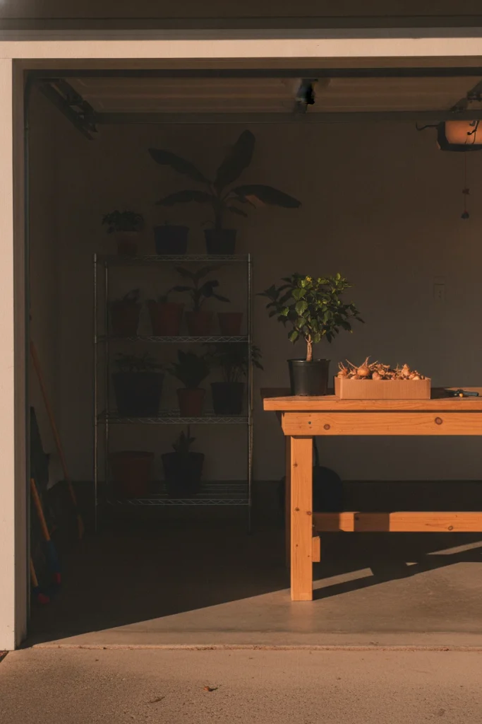 Overwintering tropical backyard plants on a garage shelf in fall light