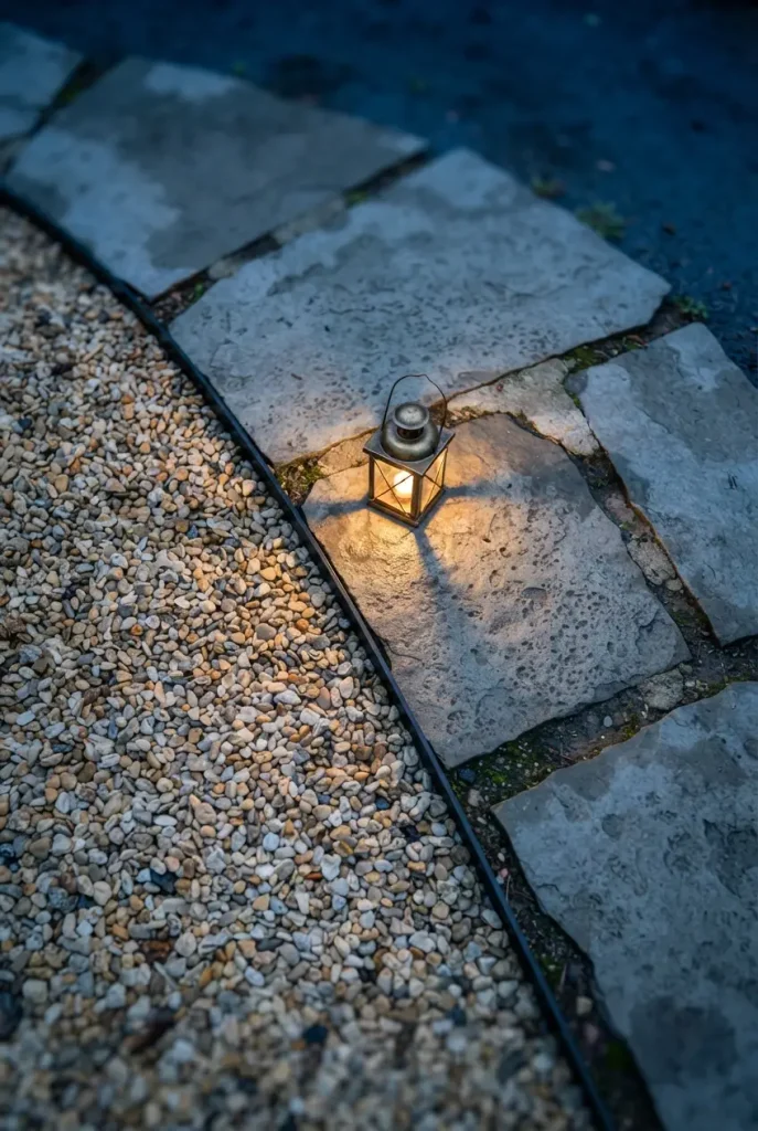 Pea gravel fire pit area meeting flagstone and steel edging, lit by a lantern at dusk