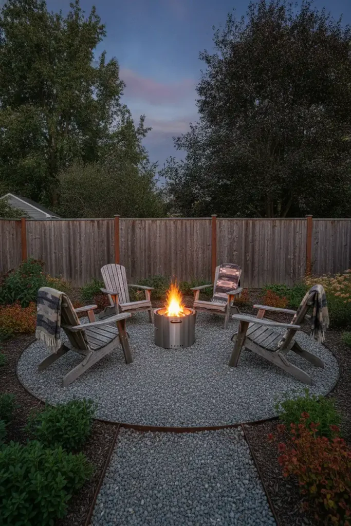 Pea gravel fire pit area with four chairs at dusk, a warm stone backyard seating idea