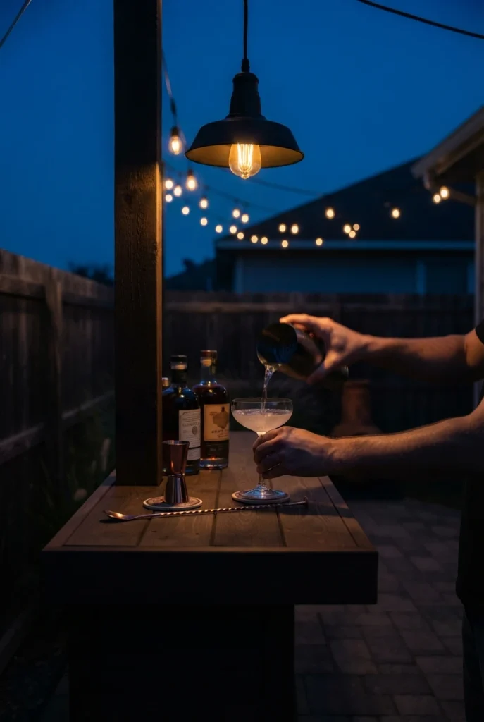Pendant backyard bar lighting throwing task light on a bar top while a drink is poured