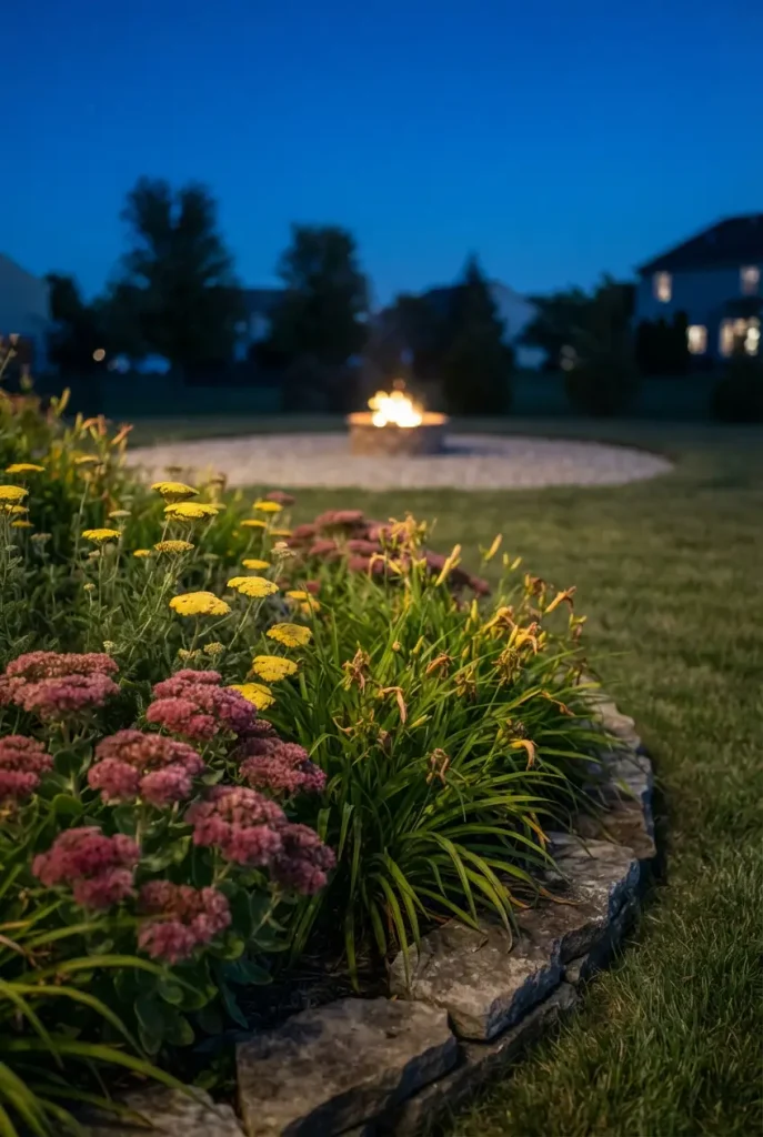 Plants around a fire pit: sedum, yarrow, and daylilies in a bed set well back from the fire