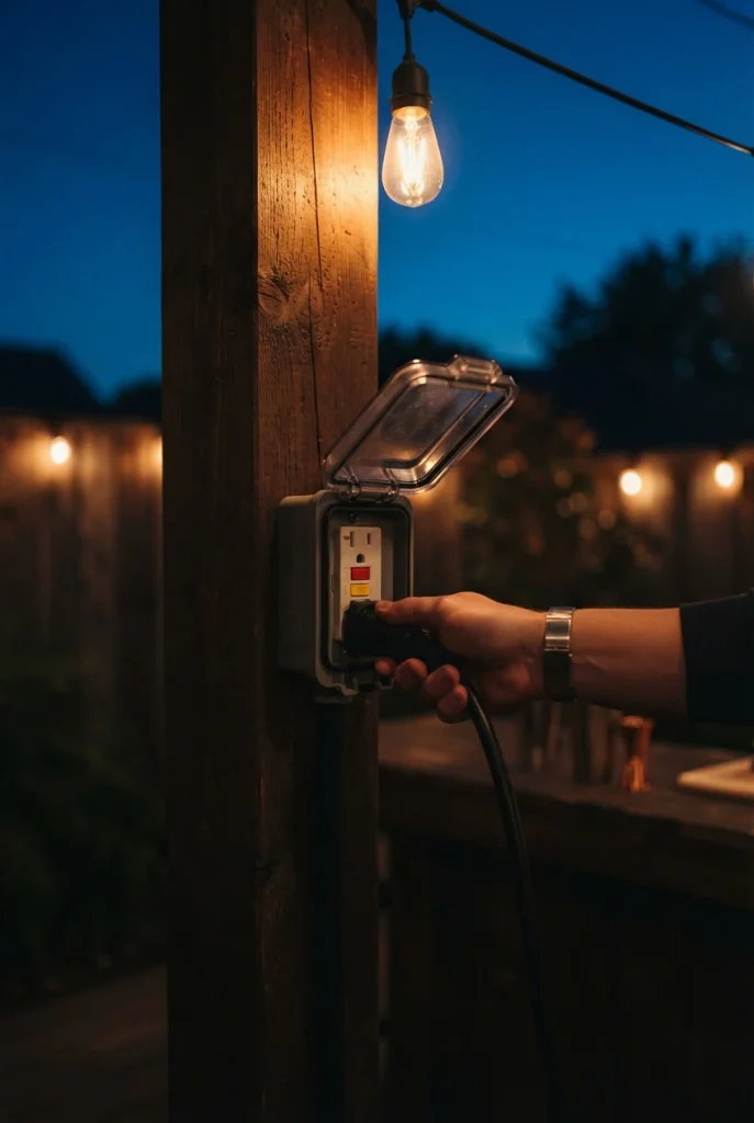 Plugging backyard bar lighting into a GFCI protected outdoor outlet on a fence post