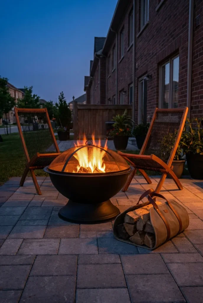 Portable steel wood fire pit bowl with spark screen on patio pavers in a small townhouse courtyard