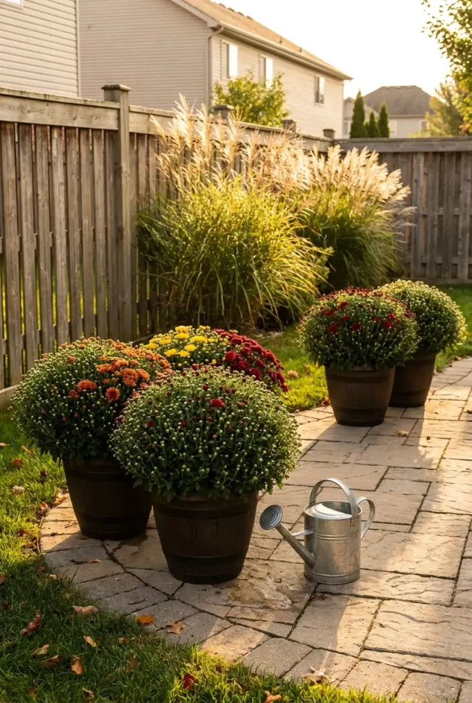 Potted fall mums in tight bud grouped on a patio as fall flower decor