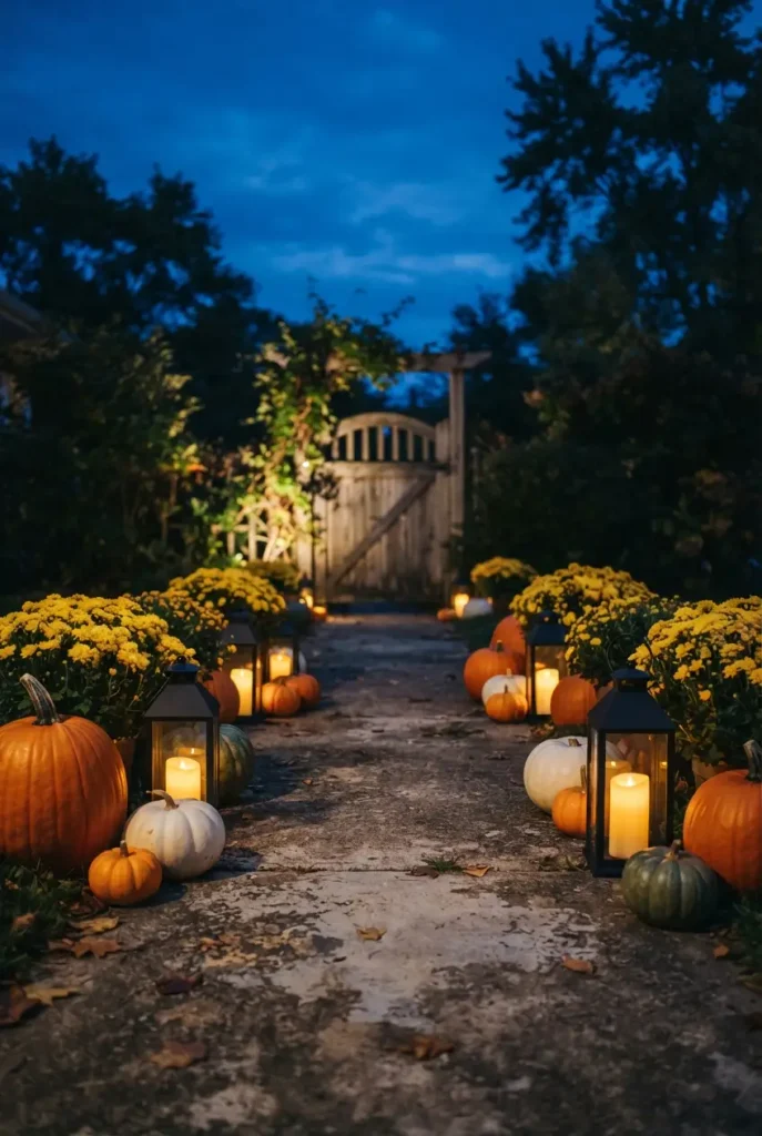Pumpkin and lantern path lighting the way to a fall backyard gathering at dusk