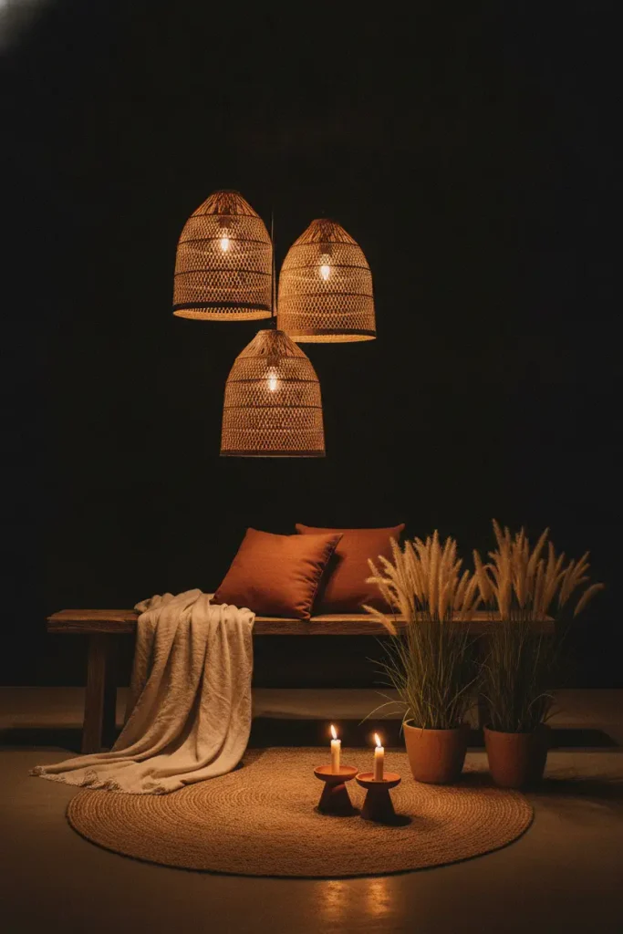 Rattan pendant lanterns and candle lanterns layered for boho patio lighting ideas