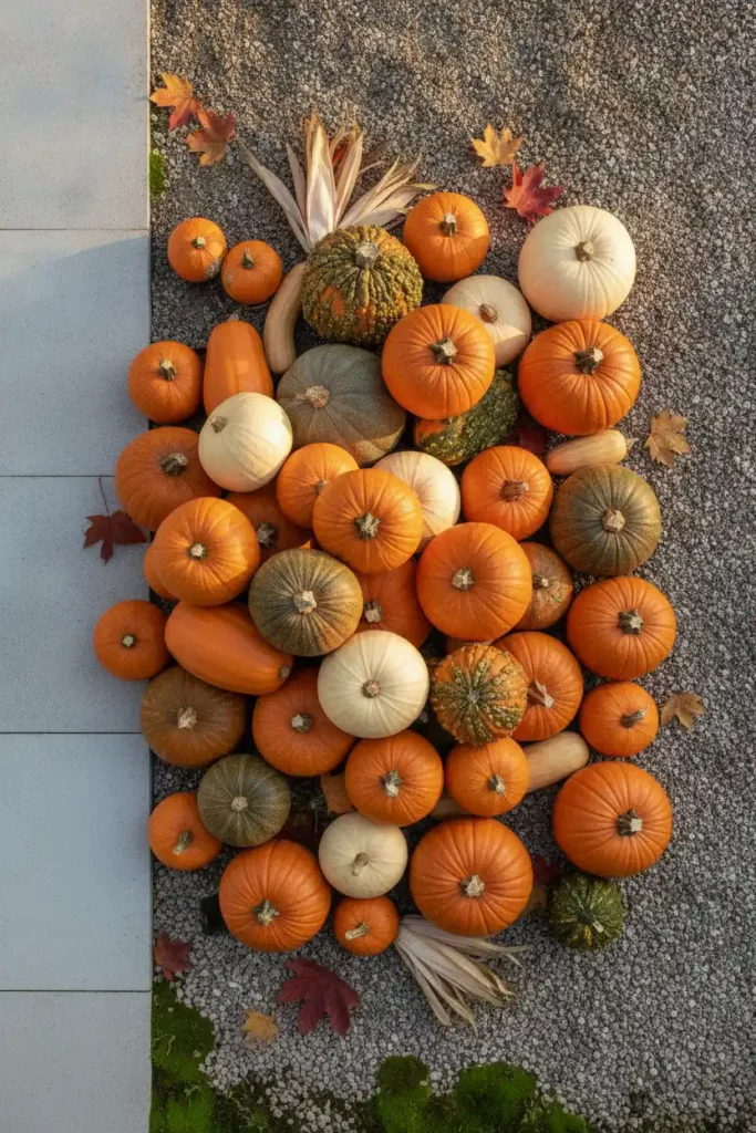 Real pumpkins and gourds piled on gravel as simple fall backyard decor