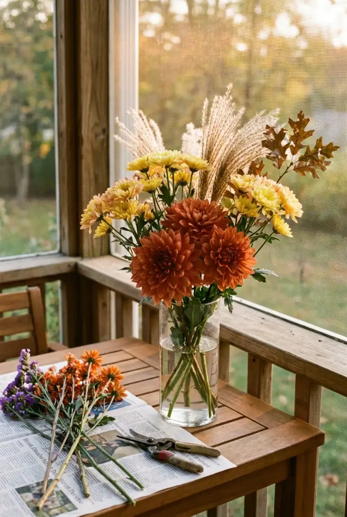 Rebuilt grocery store bouquet styled as fall flower decor in a glass vase