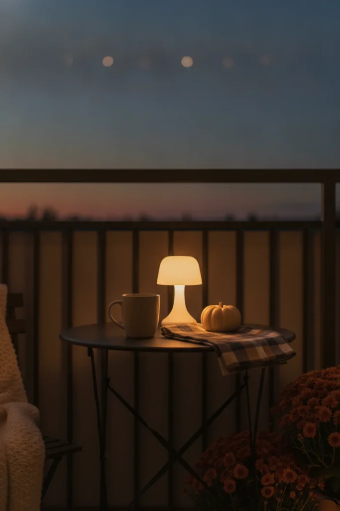 Rechargeable table lamp glowing on a bistro table, an easy apartment outdoor lighting idea for fall
