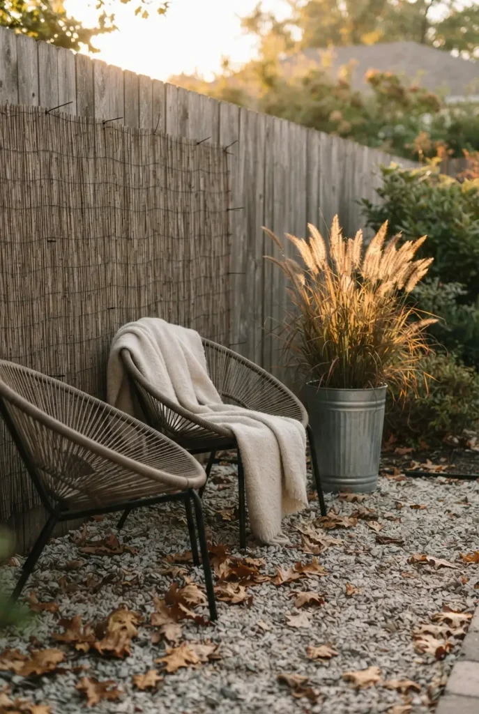 Reed screen windbreak on a fence, a cottage cozy backyard idea for fall seating